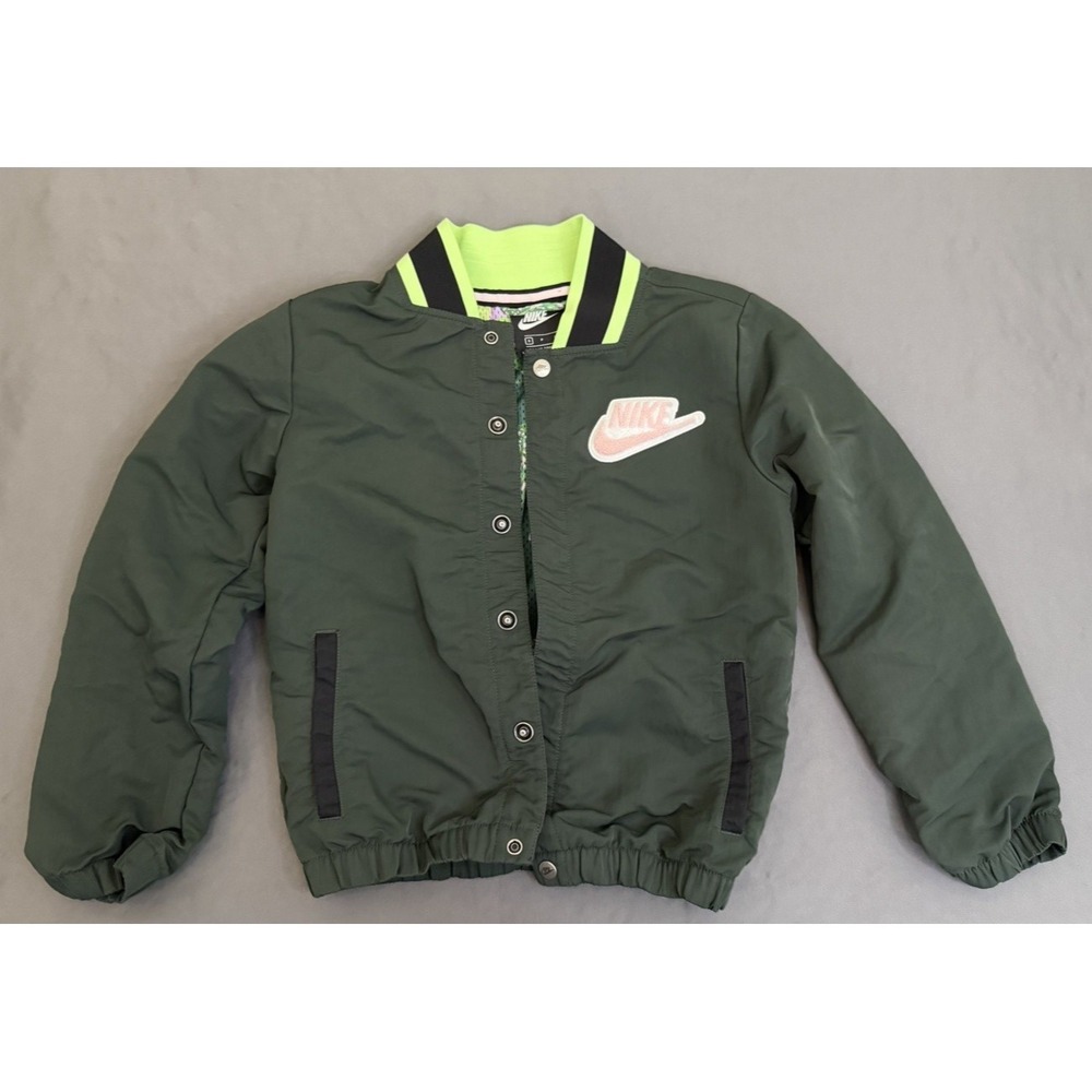 Nike Sportswear Hoopfly Jacket Kids Boy's Size Small Green Varsity Bomber Button